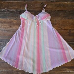 Rainbow Striped Pleated Babydoll Dress Medium Spaghetti Strap fairy whimsical